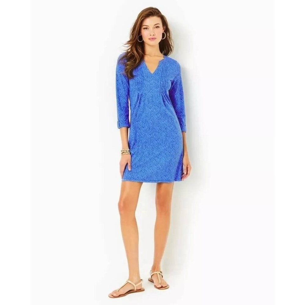 Lilly Pulitzer Fairfax 3/4 Sleeve Mini Dress Large Cotton Alba Blue Easy Peasy